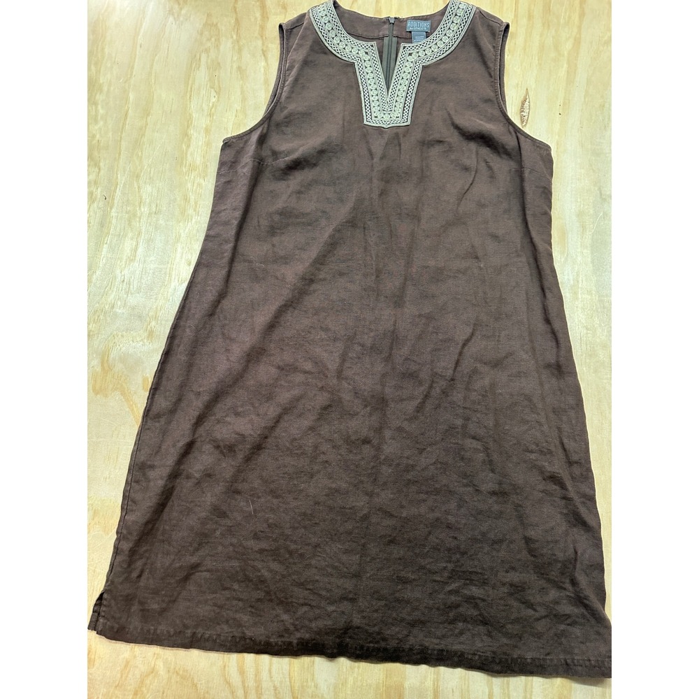 Additions by Chicos Brown Linen Embroidered Split Neck Sleeveless Shift Dress 3